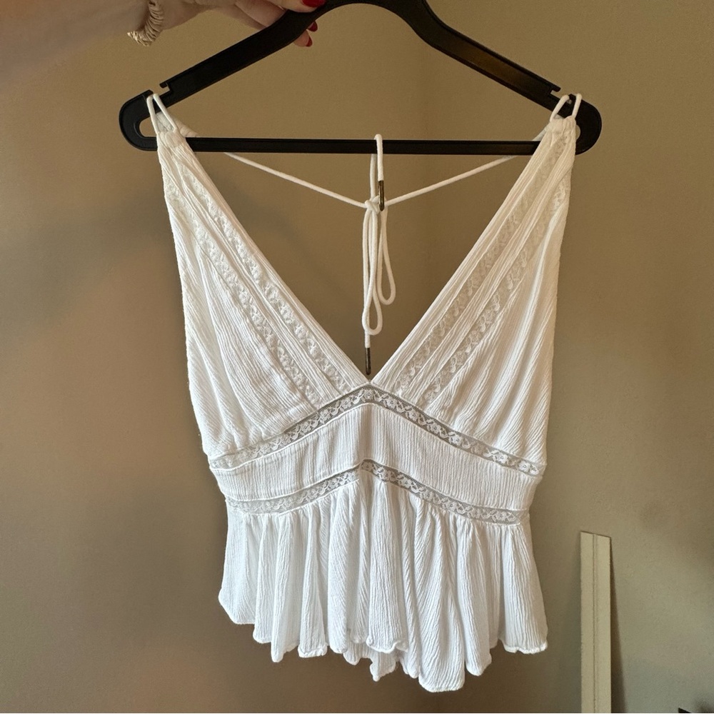 White lace Free People open back v-neck top